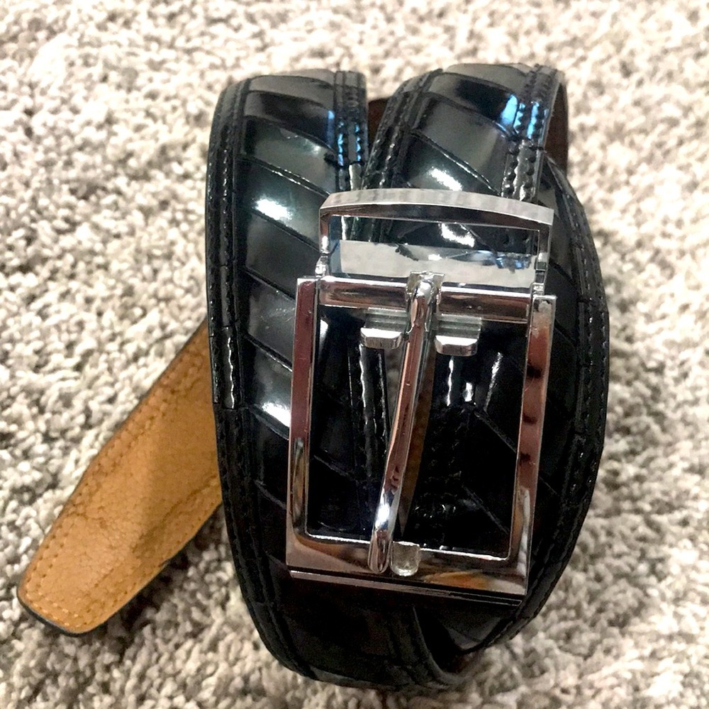 Black Leather Dress Belt Silver Buckle Size 34
